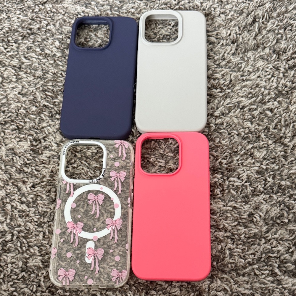 Stylish iPhone 15 pro Case Set - Navy, Gray, Pink, and Bow Design